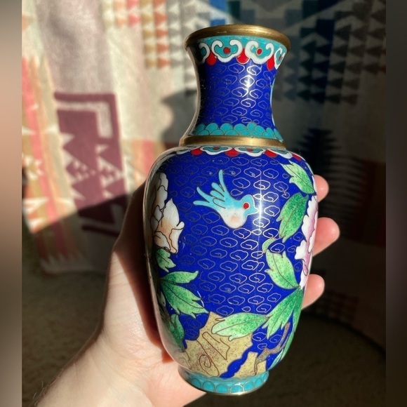 VTG Mid Century Chinese 6" Tall Filagree Enamel Cloisonné Vases Set of 2 Blue - Picture 3 of 14